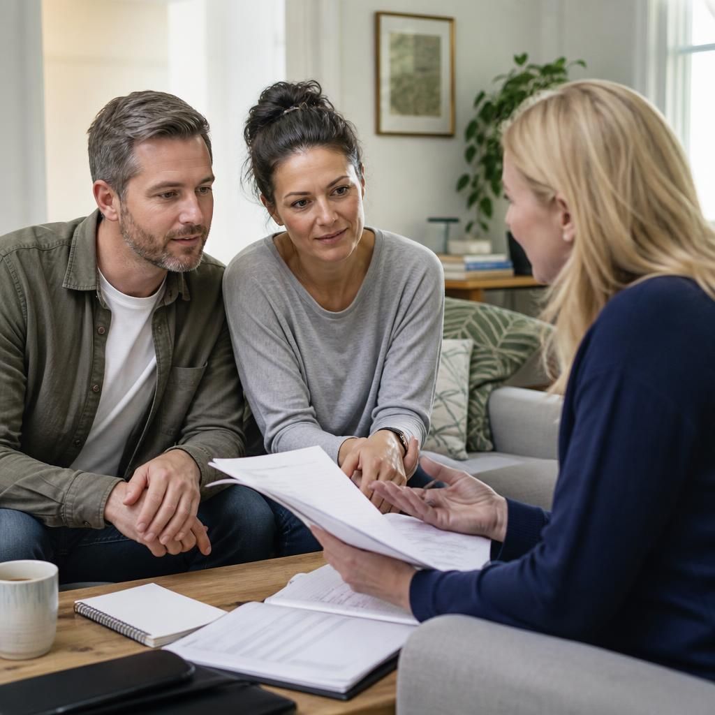 Assessing social worker discussing foster care documents with prospective foster carers