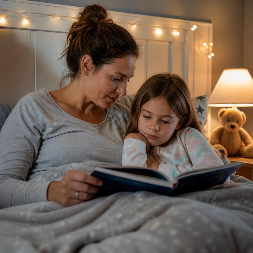 Foster parent and child reading together at bedtime