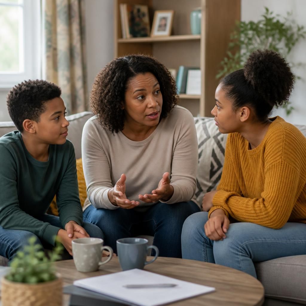 Parent discussing fostering with children at home