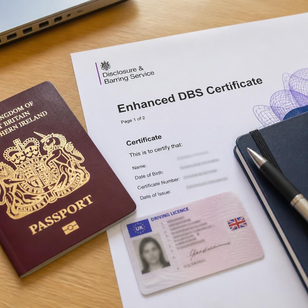 Enhanced DBS certificate and identity documents on a desk