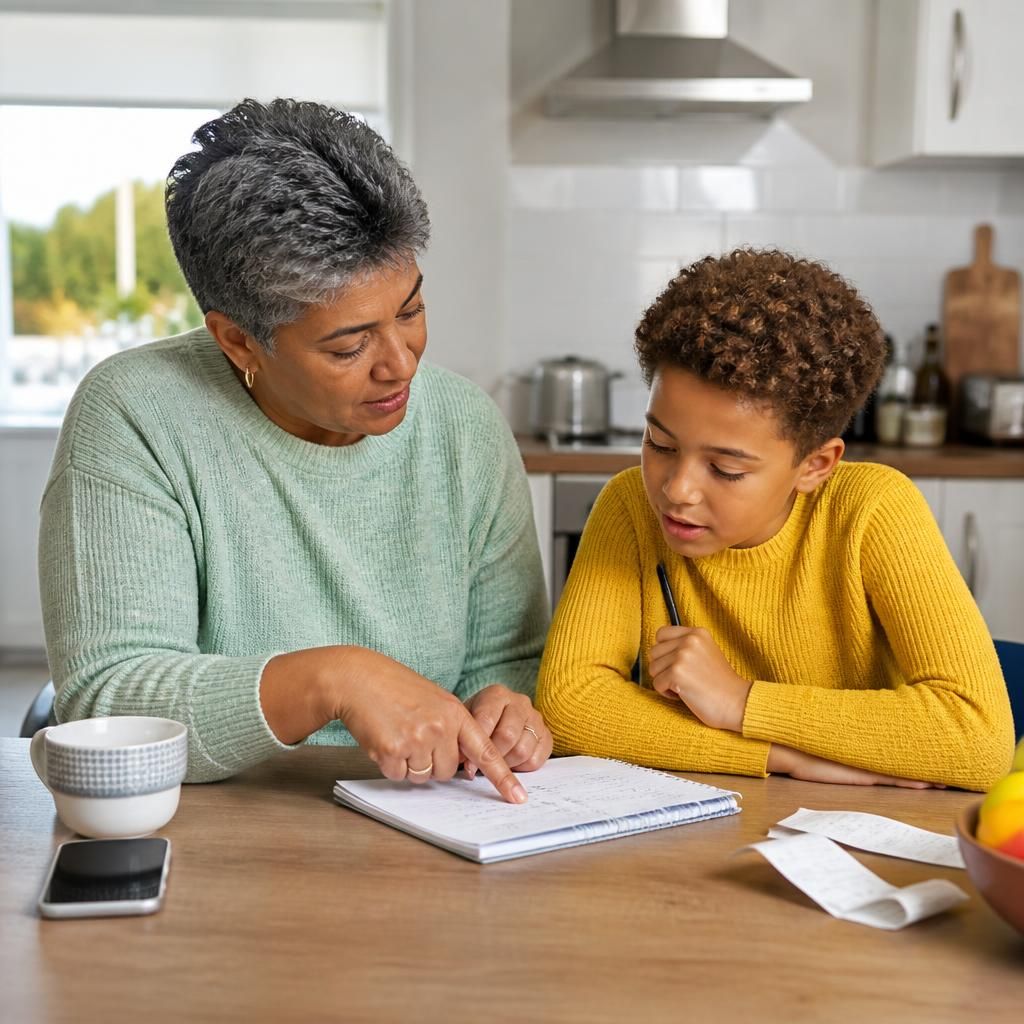 Kinship carer and child reviewing household essentials at a kitchen table