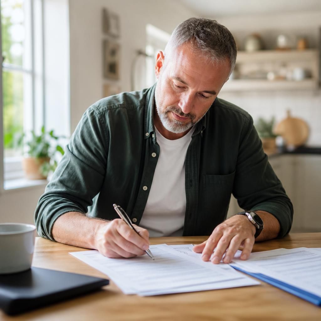 Applicant completing foster care paperwork at a table with a pen and documents