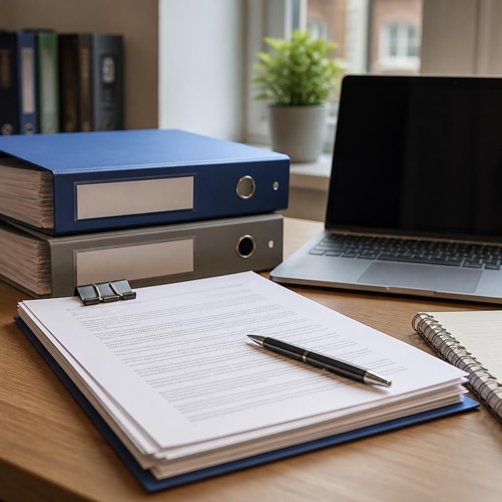 Fostering agency registration documents and safeguarding records on a desk