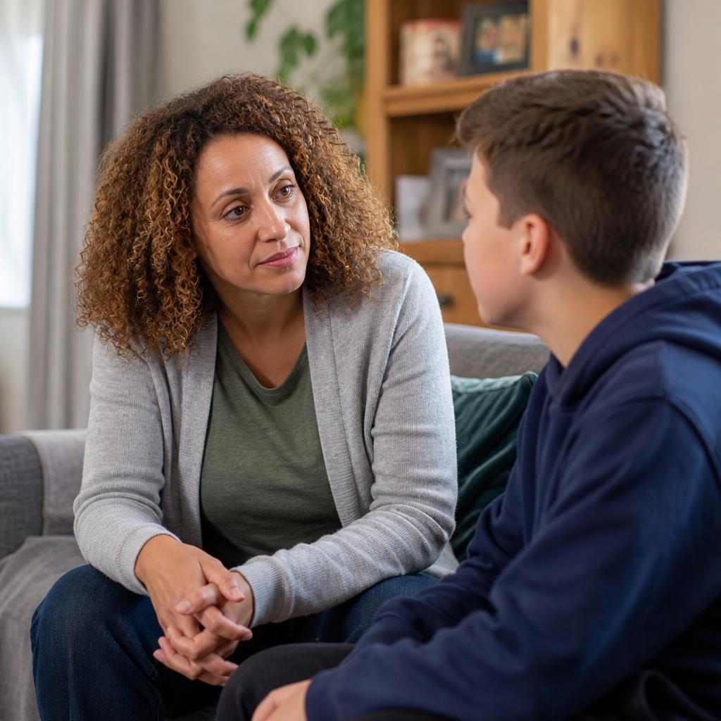 Foster carer listening to a child during a conversation at home
