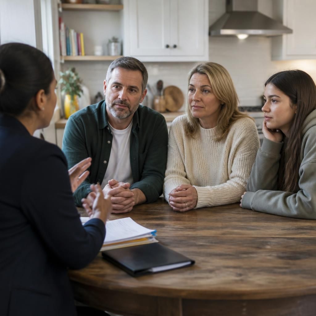 Family members talking with a social worker around a kitchen table
