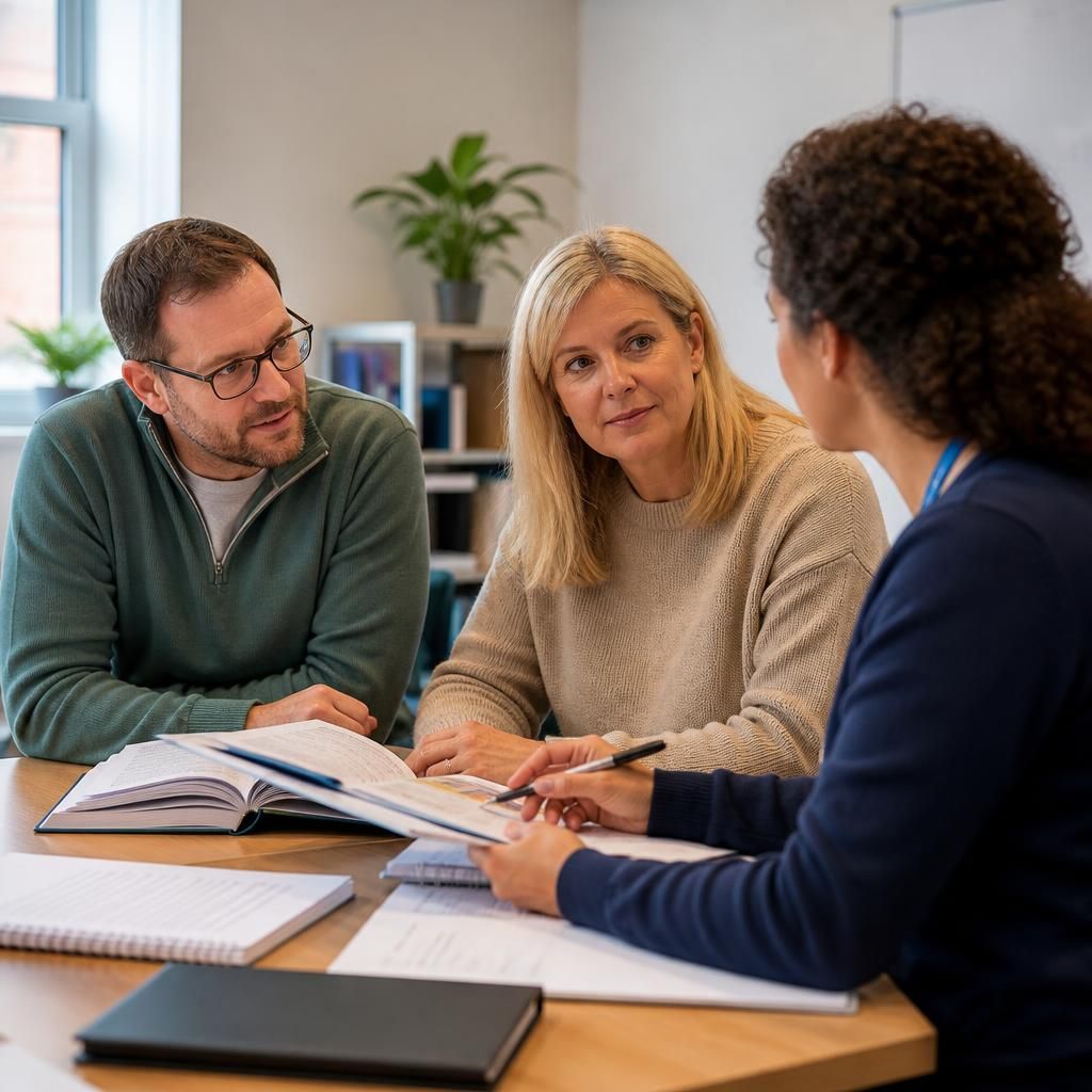 Foster carer trainees discussing course materials with a trainer
