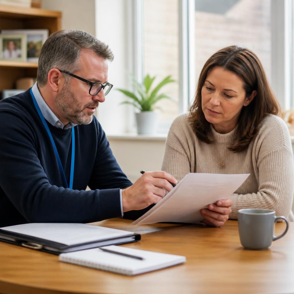 Foster carer and social worker reviewing a child's placement information at a table