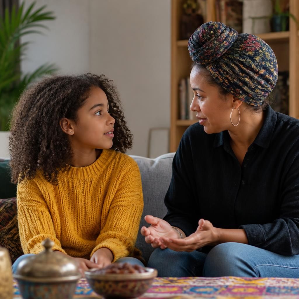 Single parent and child discussing cultural traditions at home
