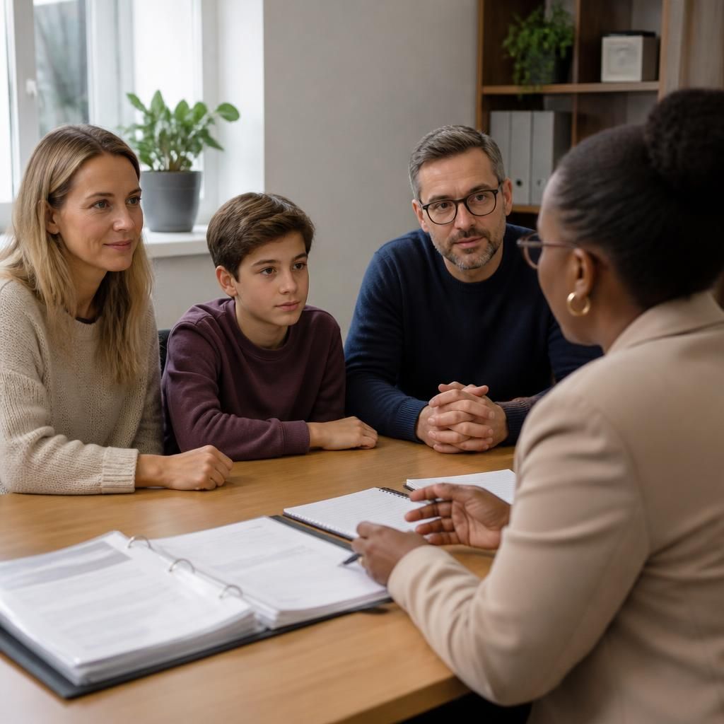 Foster carer meeting with social workers to review transfer documents