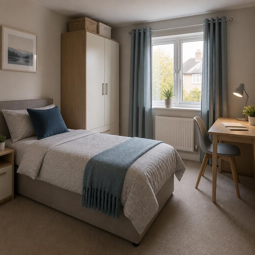 Tidy bedroom with a single bed, wardrobe and desk