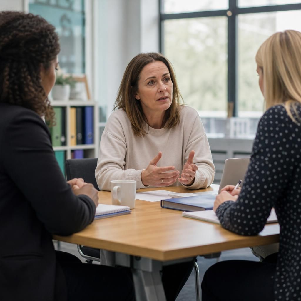 Foster carer speaking with social workers at a review meeting
