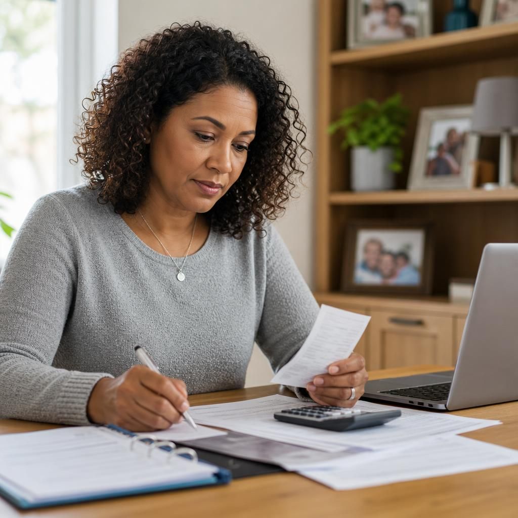 Foster carer reviewing payment records and tax documents at a desk