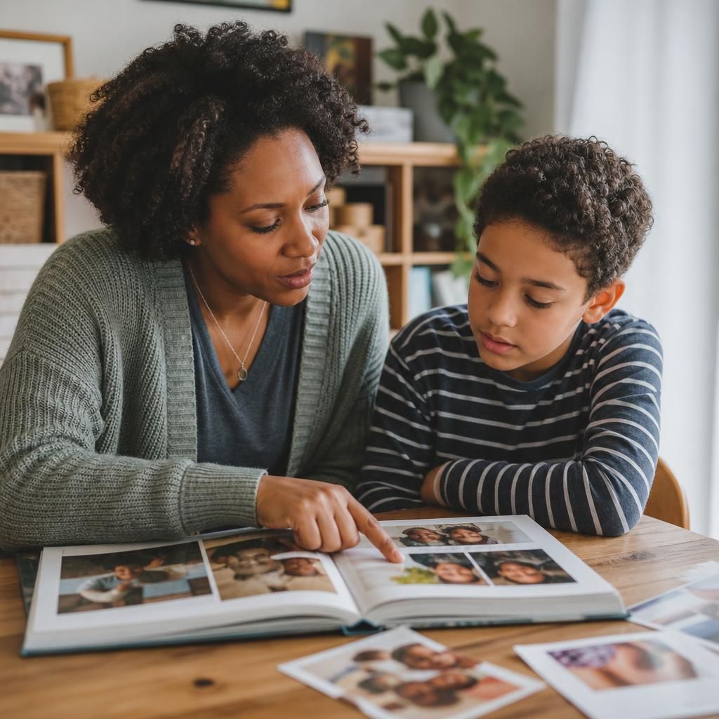 Single parent and foster child learning about different family backgrounds
