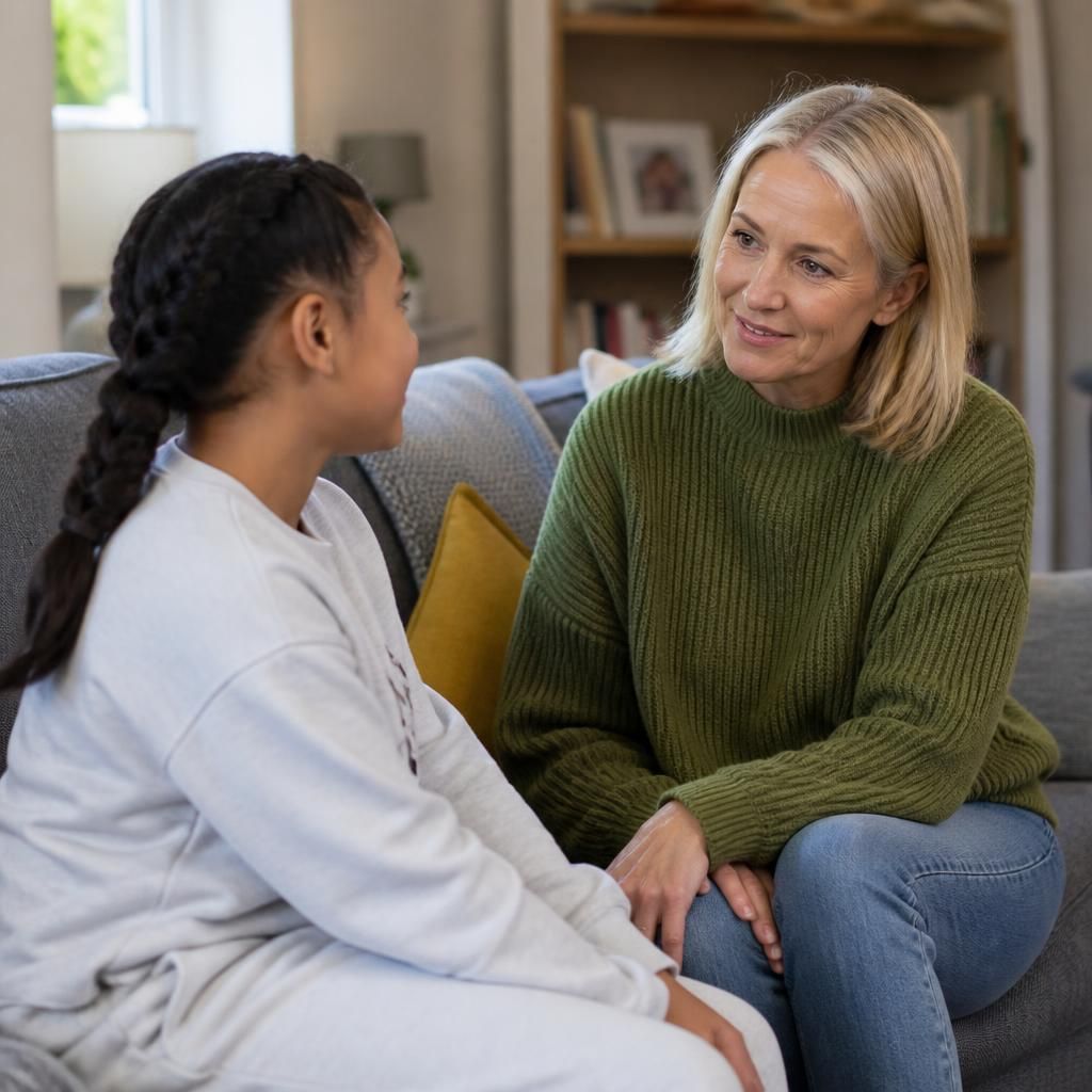 Child talking with a foster carer in a family home