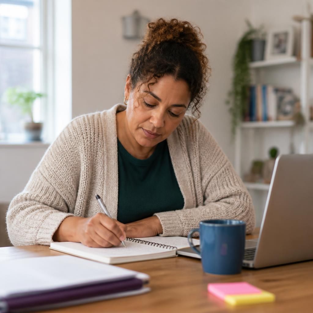 Foster carer completing notes after spending time with a child