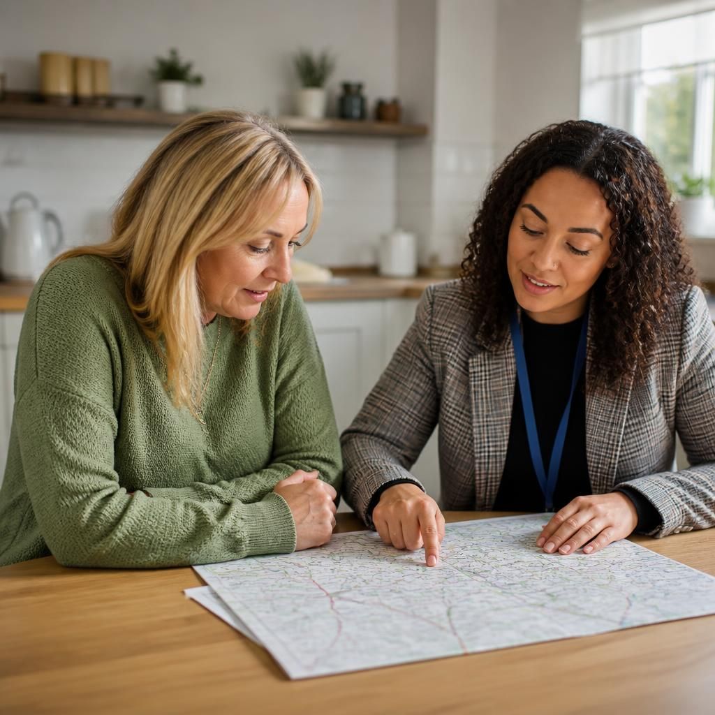 Foster carer reviewing a map with a social worker at a kitchen table