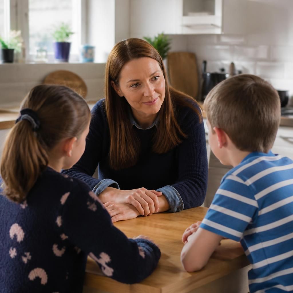 Foster carer talking with children at a kitchen table