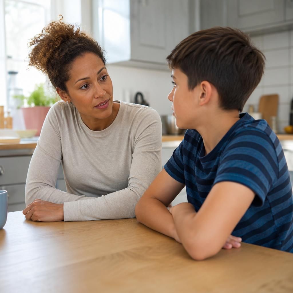 Foster carer speaking calmly with a child at a kitchen table