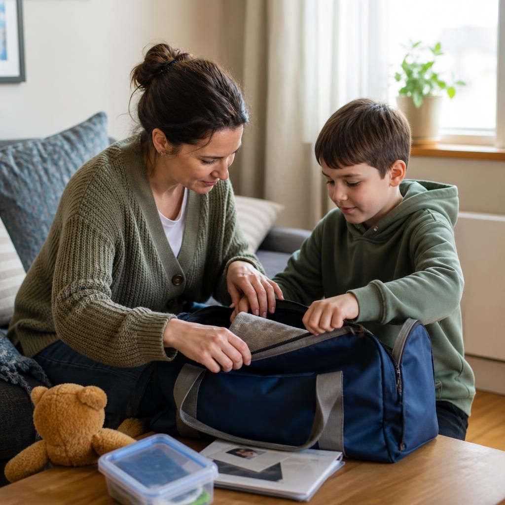 Foster carer and child preparing a bag for a family contact visit
