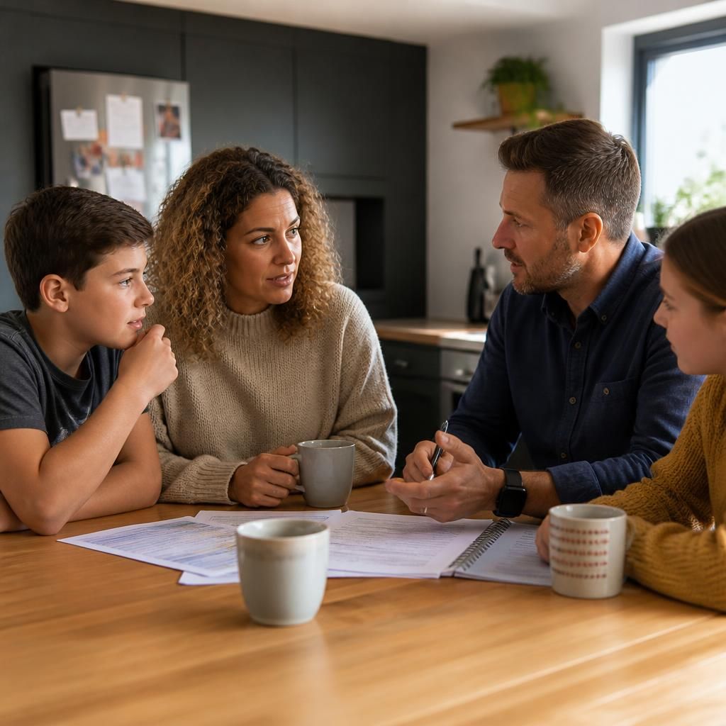 Family members discussing fostering around a kitchen table