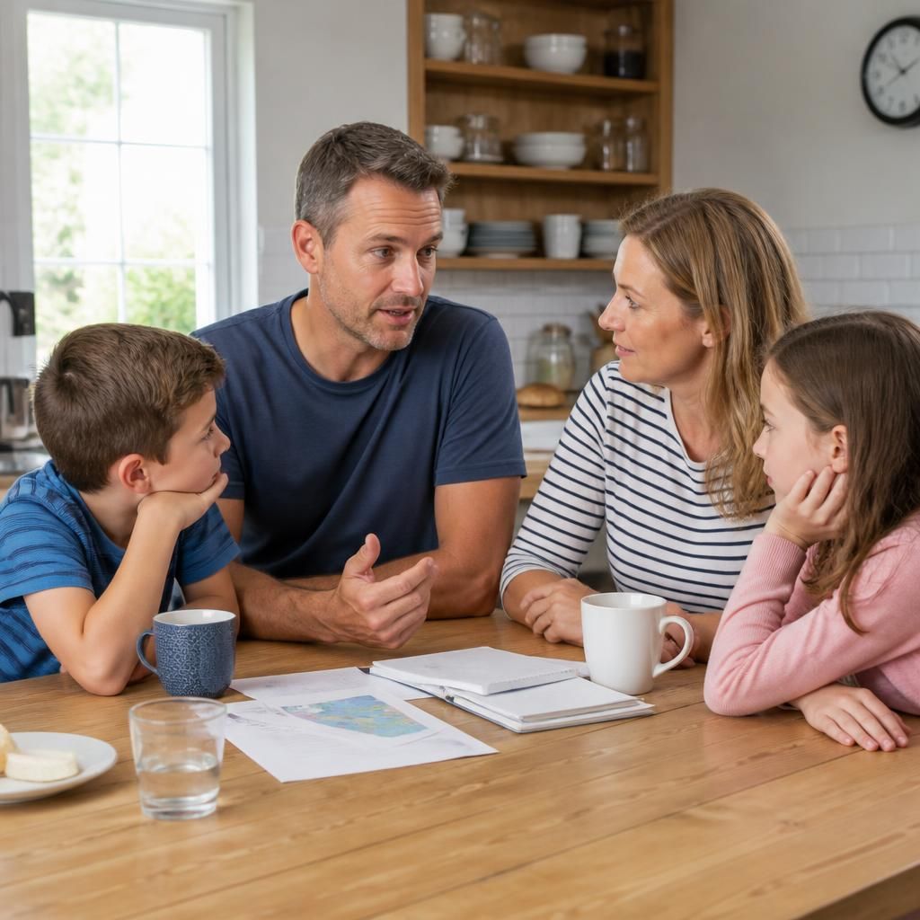 Parents talking with their children around a kitchen table