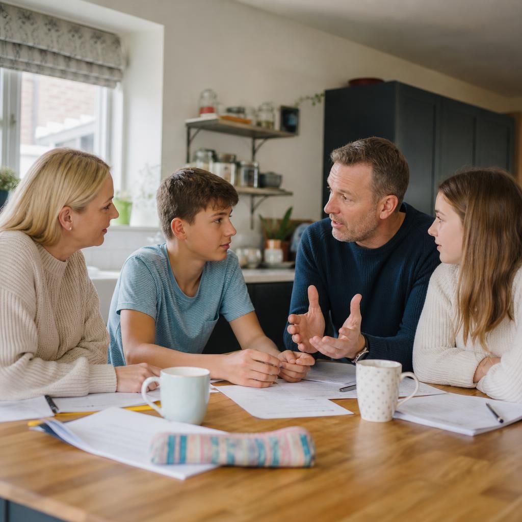 Family members discussing plans together at a kitchen table