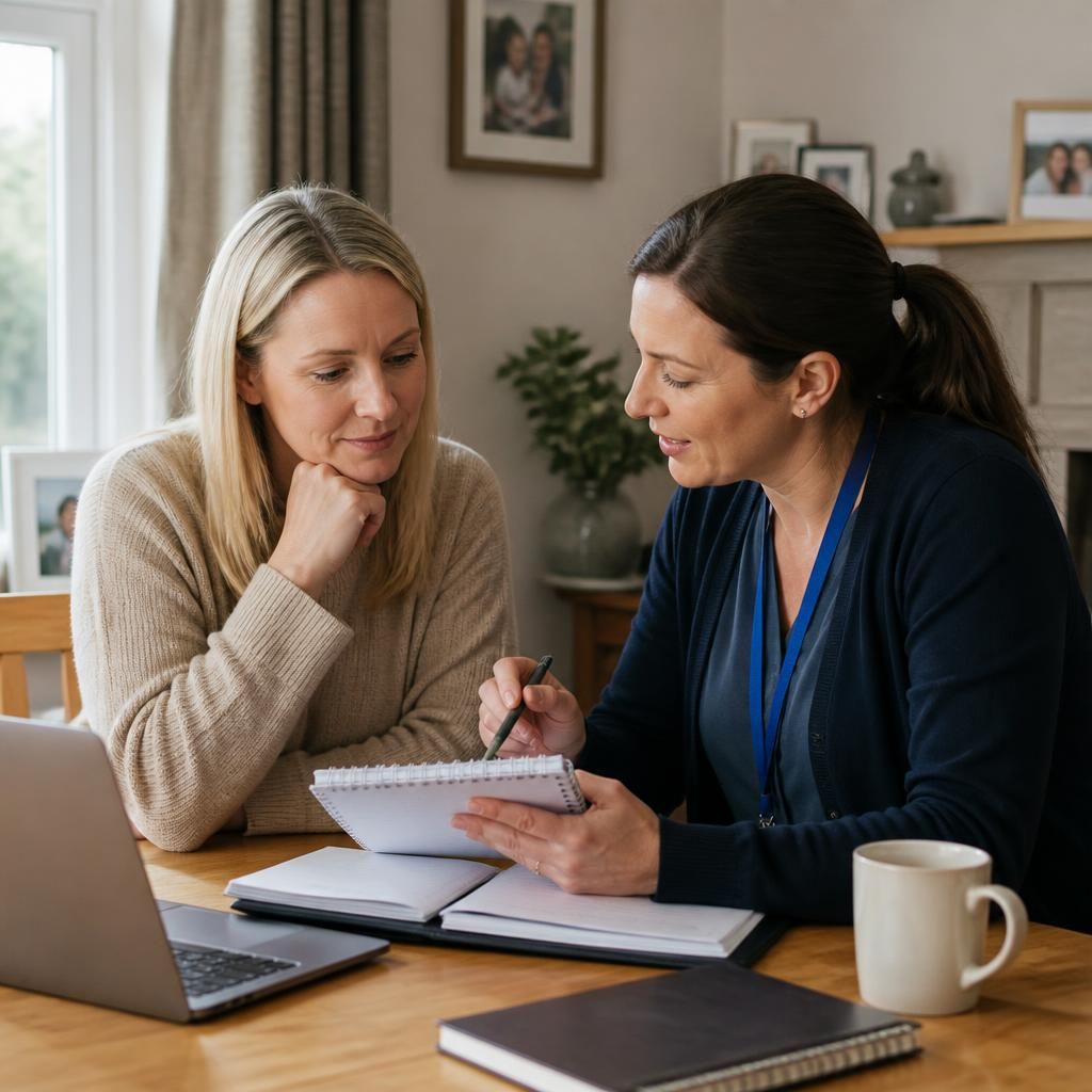Foster carer and social worker reviewing training notes at a table
