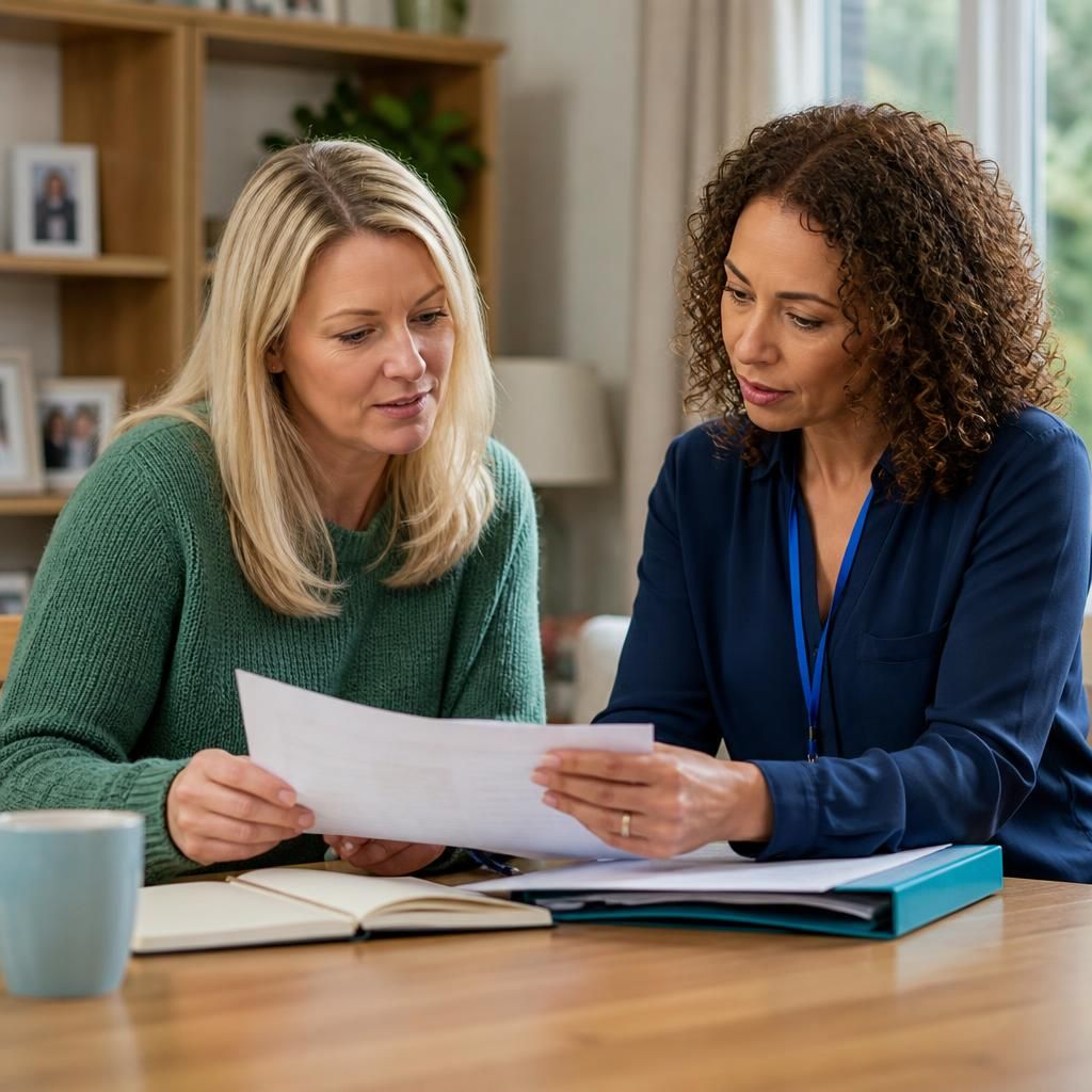 Foster carer reviewing placement paperwork with a supervising social worker
