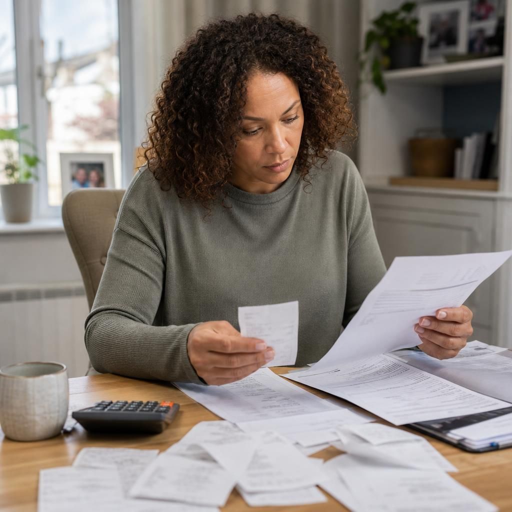 Foster carer reviewing receipts and grant application documents at a desk
