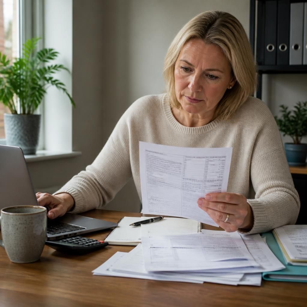 Foster carer reviewing historic payment records and tax documents at a desk