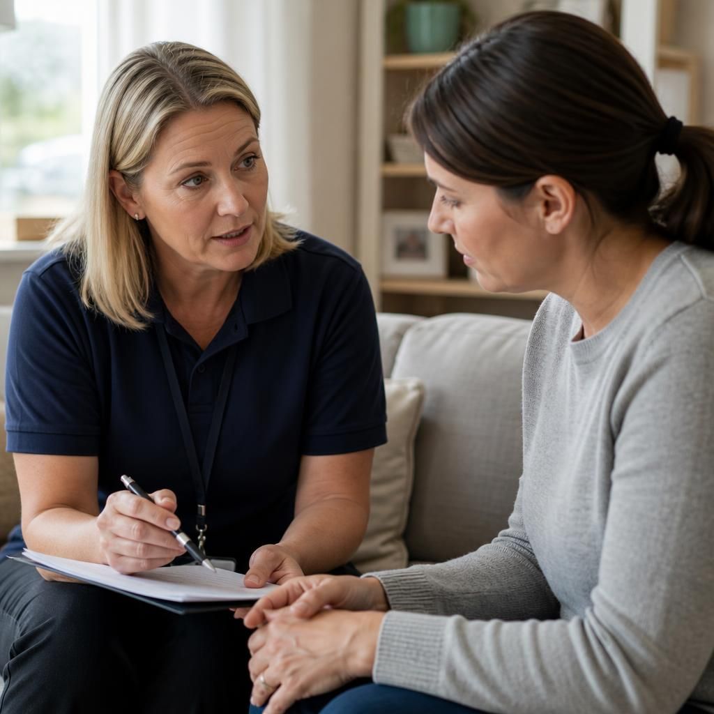 Foster carer and social worker discussing a child's placement plan