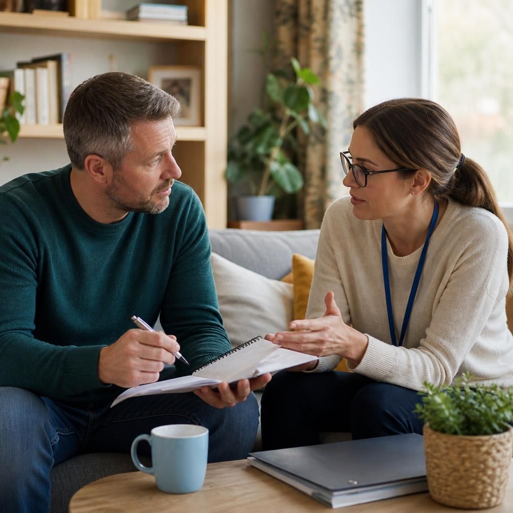 Foster carer discussing training notes with a supervising social worker