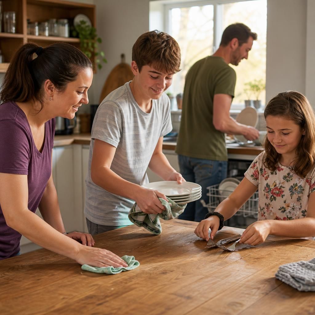 Family members sharing household tasks together