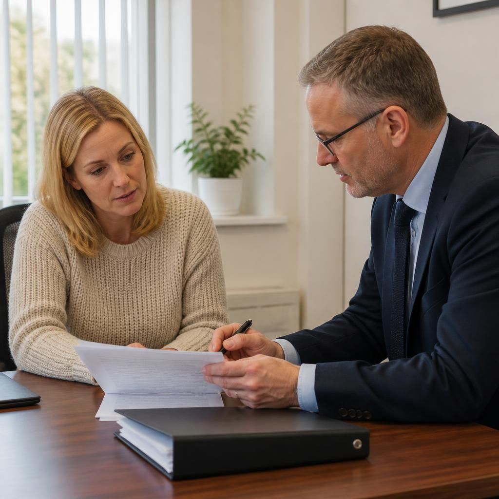 Foster carer reviewing legal documents with a solicitor during a consultation