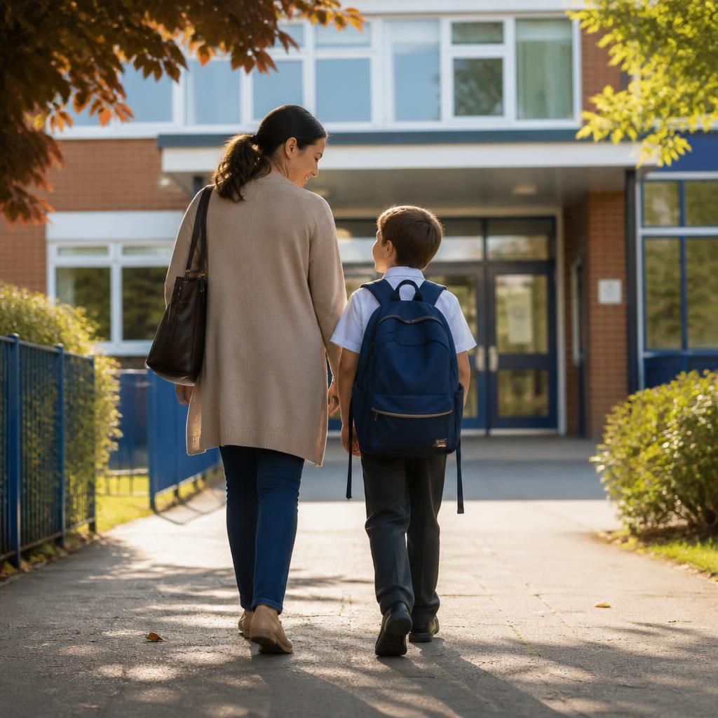 Foster carer and child walking towards a school building with backpacks