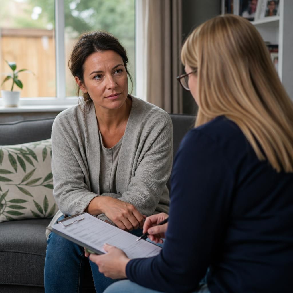Foster carer discussing updated care arrangements with a social worker