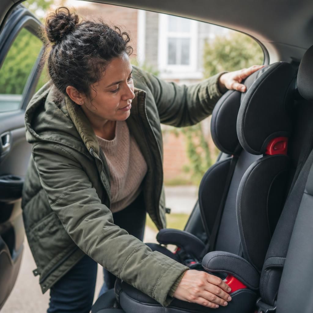 Foster carer checking a child's car seat before a journey
