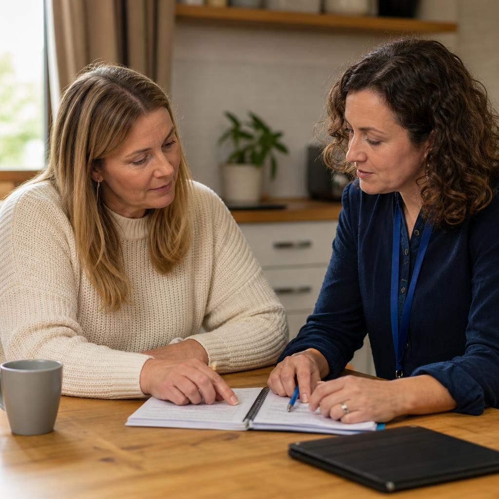 Foster carer discussing placement notes with a supervising social worker