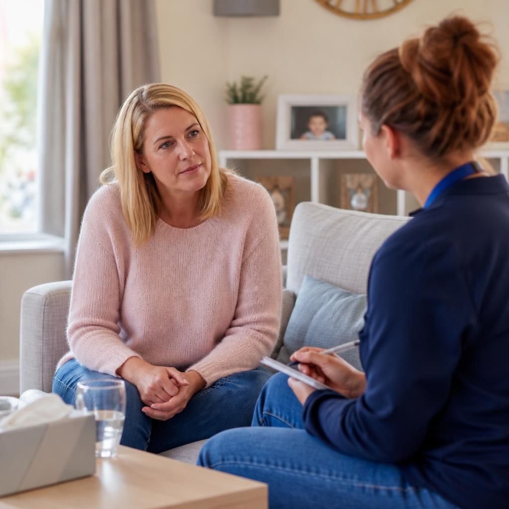 Foster carer speaking with a social worker in their home