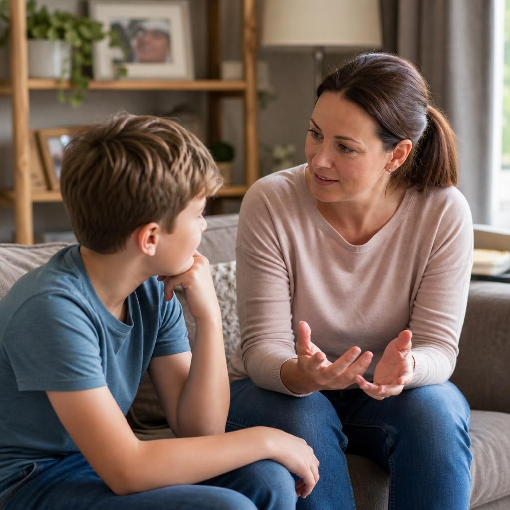 Foster carer talking with a child at home
