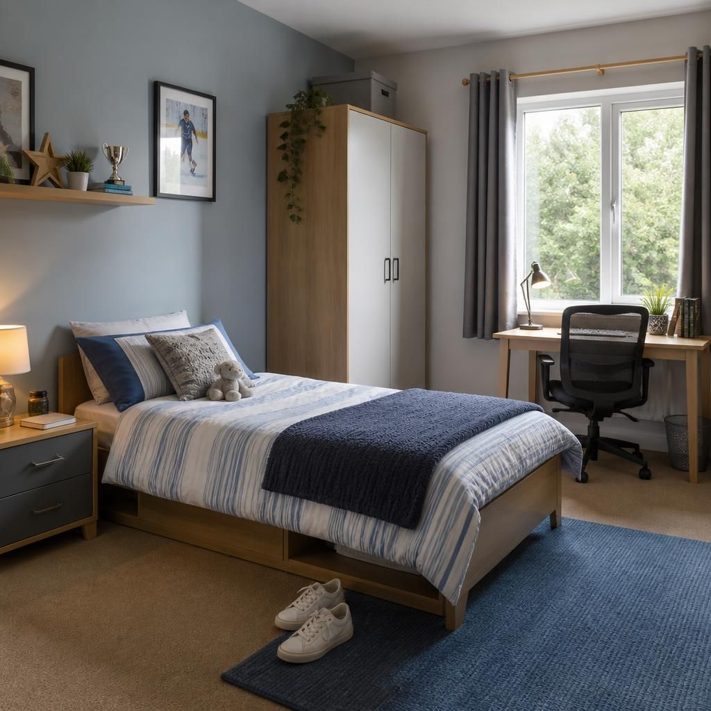 Child's neatly furnished bedroom with a single bed, wardrobe and desk