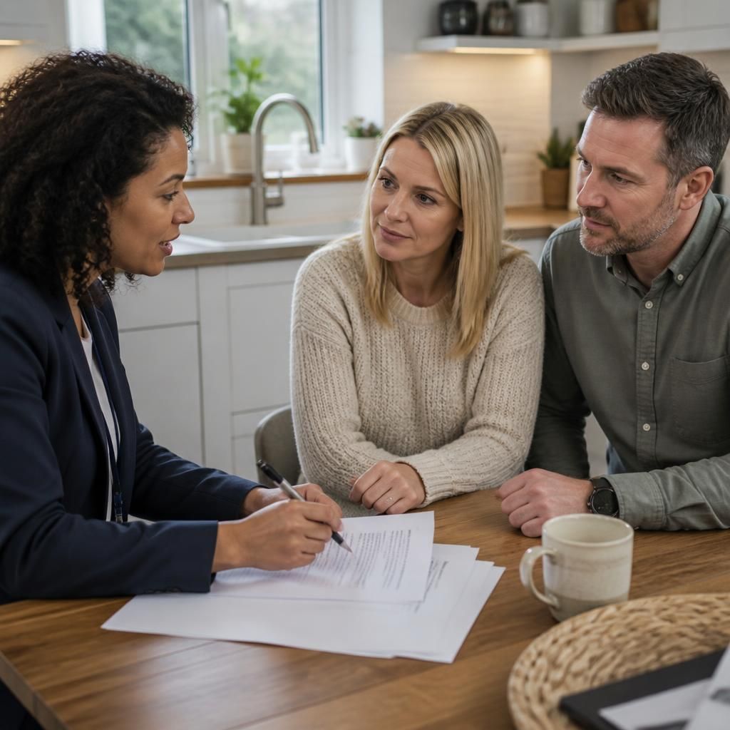 Social worker discussing fostering paperwork with prospective foster carers at a kitchen table