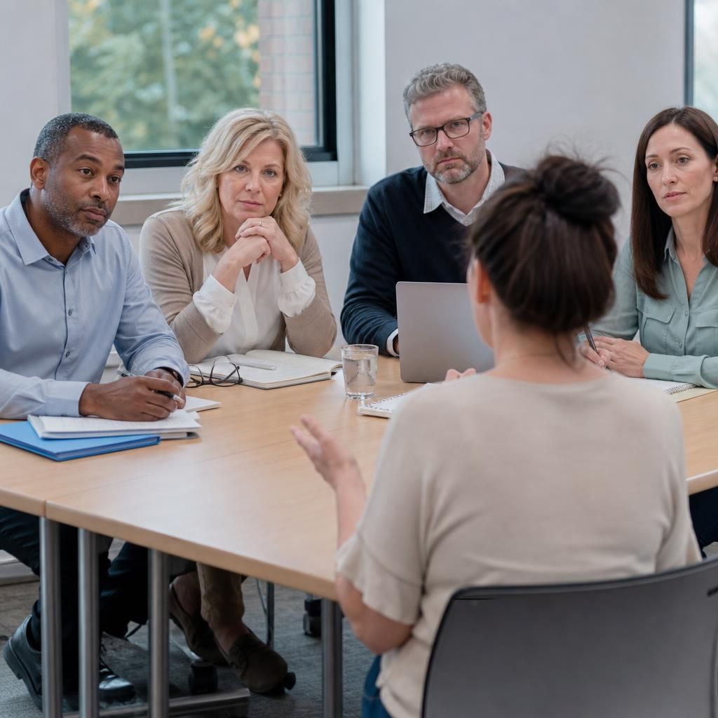 Foster carer applicant speaking with panel members during an assessment meeting