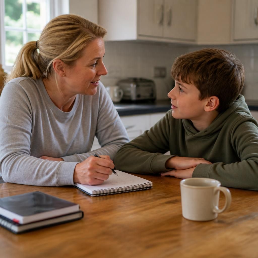 Foster carer and child discussing notes at a table