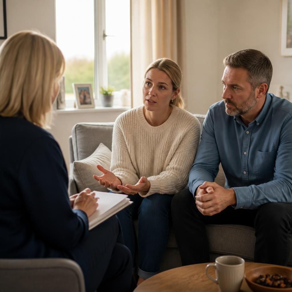 Foster carer discussing household routines with an assessing social worker at home