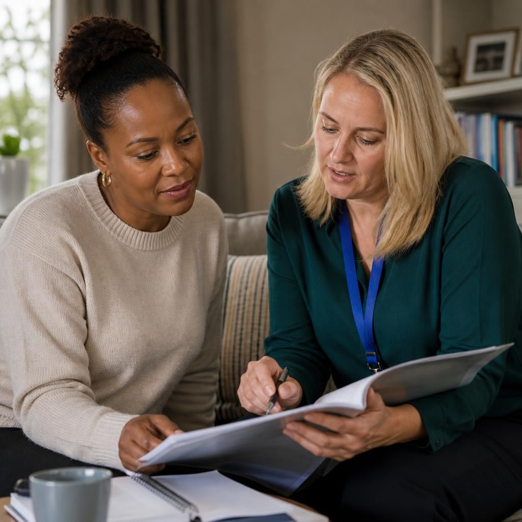 Foster carer reviewing a child's placement plan and care notes with a social worker