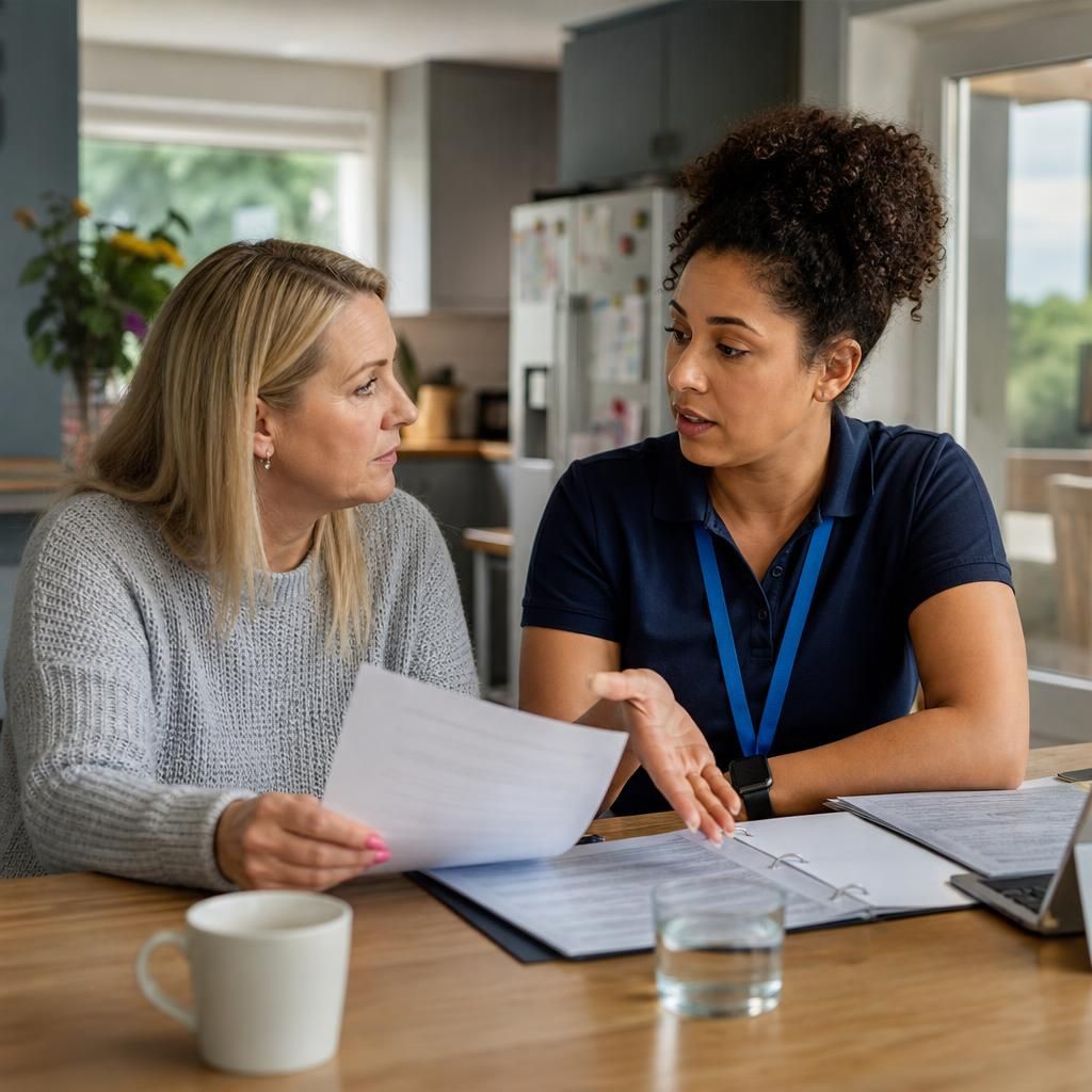 Foster carer discussing review paperwork with a supervising social worker