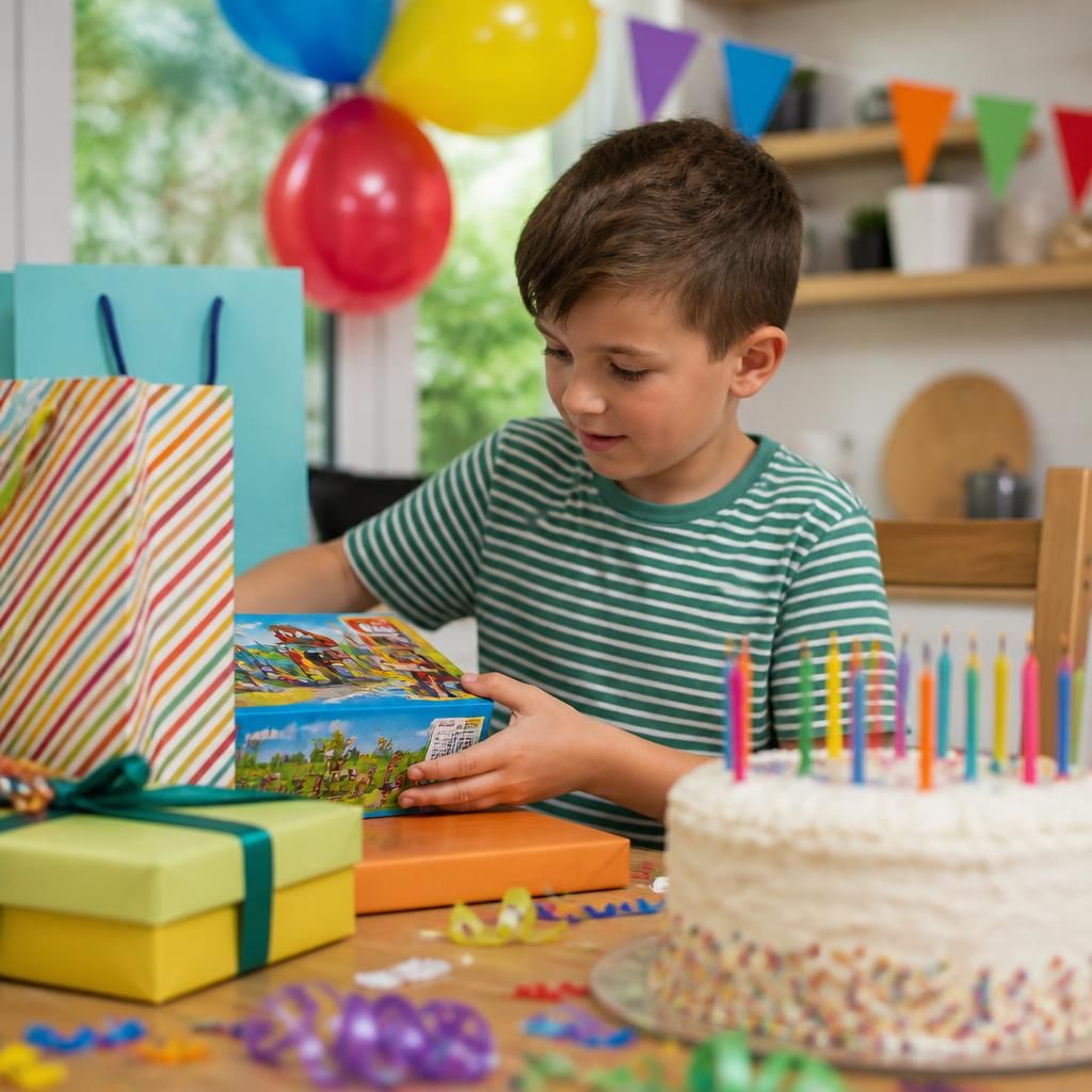 Child choosing a birthday gift beside a cake and colourful party decorations