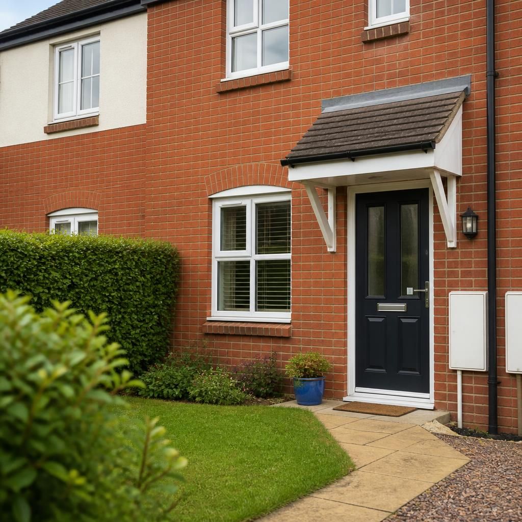 A rented family home with a front door, windows and a small garden