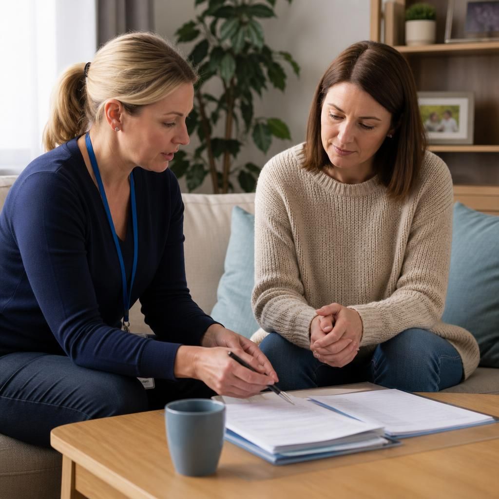 Foster carer discussing a child’s care plan with a social worker